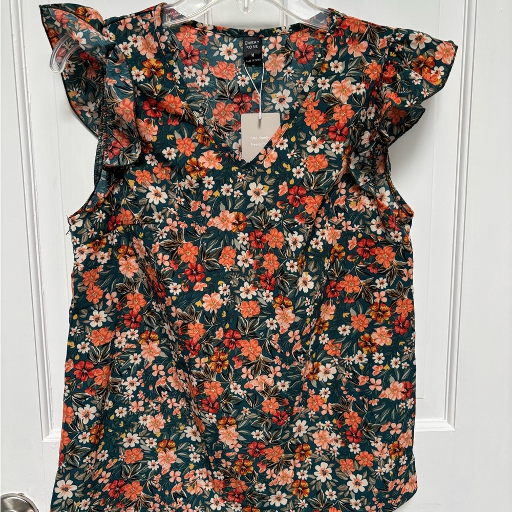 Floral Ruffle Sleeve Blouse - Black and Orange